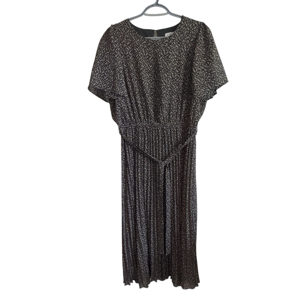 Polagram Pleated Midi Dress Shortsleeve L Cottagecore Fairy Grunge Dark Floral